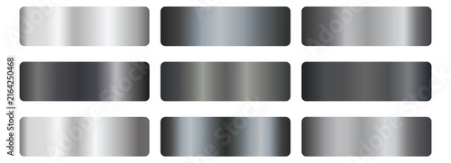 Dark silver and charcoal metal gradient swatch set. Chrome, platinum, steel, pewter, dark grey, blue-black foil shades. Glossy horizontal bands. For badge, label, ribbon, frame. Vector