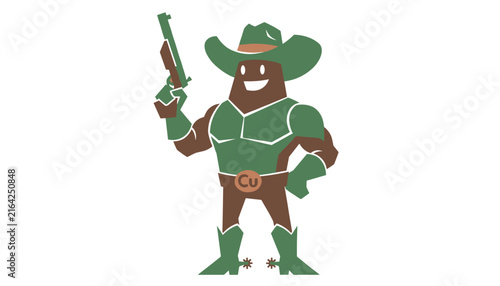 Minimalist vector illustration of a strong cowboy mascot wearing a green hat and vest while holding a classic revolver.