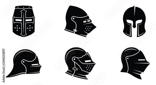 Фотография Black silhouettes of various knight helmets on a white background
