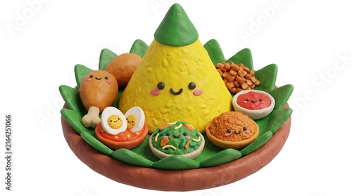 Colorful Tumpeng Rice Cake with Vegetables and Traditional Decorations