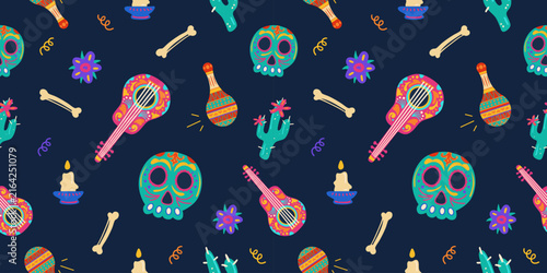 Dia de Muertos seamless pattern with sugar skulls, guitars and maracas on dark blue background. Vector illustration with Day of the Dead theme.