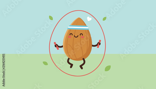 Happy cartoon almond wearing a blue headband and skipping rope on a green field under a clear blue sky, promoting fitness.