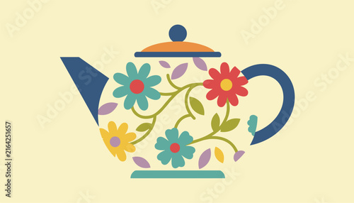 Charming retro teapot adorned with vibrant teal, red, and yellow flowers and delicate leaves against a soft beige background.