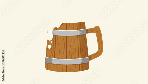 Traditional wooden beer mug with steel bands and spilling white foam on a plain light cream background.