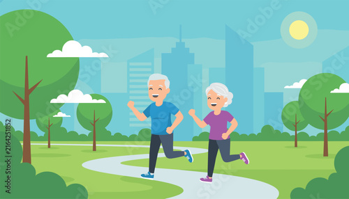 Happy elderly couple jogging together on a winding path inside a green city park with skyscrapers in the background.