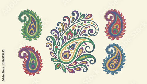 Elegant collection of five decorative paisley patterns featuring intricate floral details in rich traditional colors.