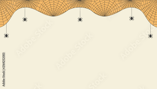 Halloween background illustration featuring thin black spiders hanging from detailed orange spider webs on a cream background.
