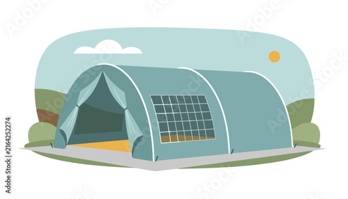Modern green dome tent equipped with a solar panel on its side, promoting eco-friendly camping under a sunny blue sky.