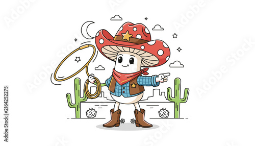 Cute little mushroom character styled as a cowboy with a red polka dot hat and a lasso, standing in a desert landscape.