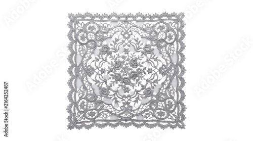 Square Grey Embroidered Lace Doily with Floral Motifs on White Background