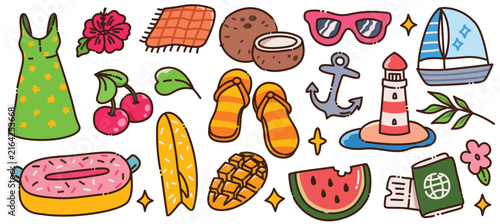 Cute Kawaii Summer Beach Travel Dress Surfboard and Passport Vector Clipart Bundle