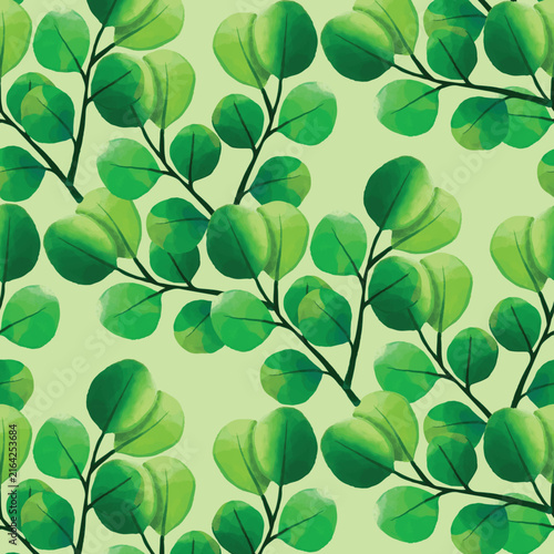 Square seamless pattern with realistic high quality watercolor botany green leaves on white background. Hand painted twigs and branches wallpapers