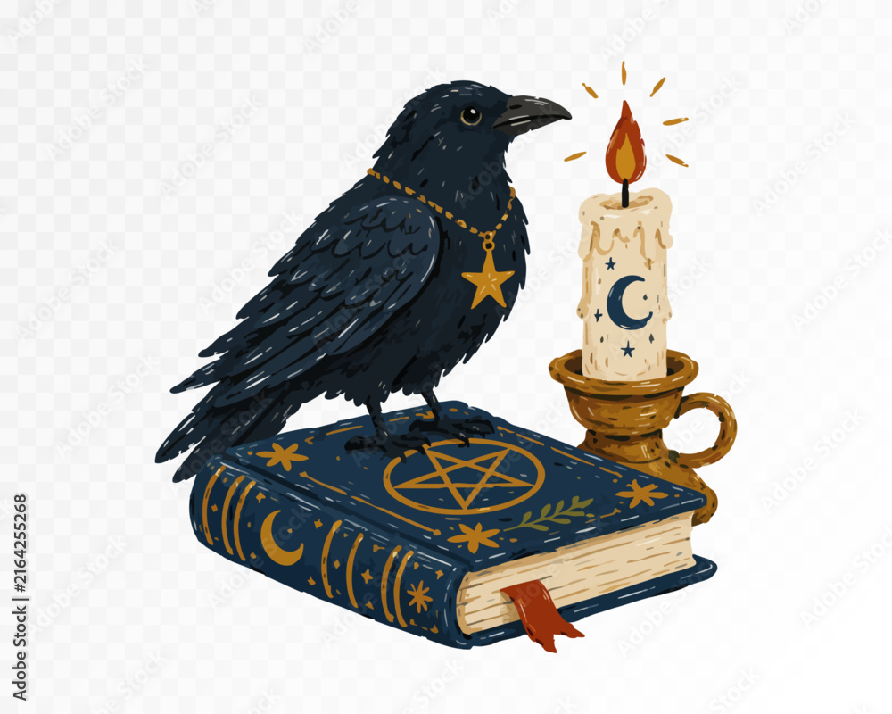 Naklejka premium Raven on occult book beside burning candle watercolor vector art