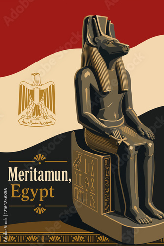 Meritamun Egypt Travel Poster Vector Anubis Statue Egyptian Flag Landmark