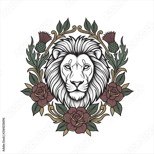 Ornate tattoo illustration of a majestic lion framed by burgundy roses, thistle flowers, green leaves, and golden flourishes, with bold linework and stipple shading symbolizing strength and pride