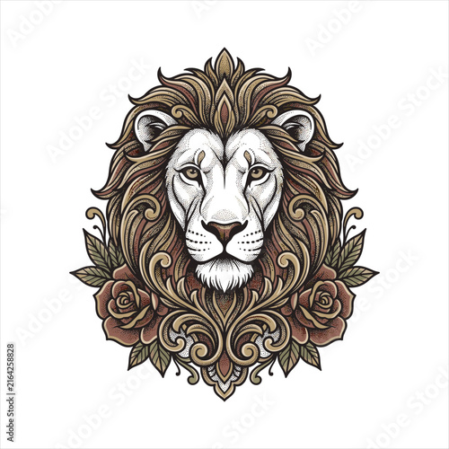 Ornate tattoo illustration of a majestic lion framed by roses, leaves, and flowing decorative motifs, featuring detailed stipple shading and warm earthy tones symbolizing strength and nobility