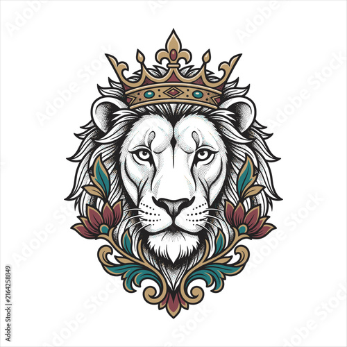 Ornate tattoo illustration of a regal lion wearing a jeweled crown, framed by stylized flowers, leaves, and decorative scrollwork, symbolizing royalty, strength, courage, and leadership