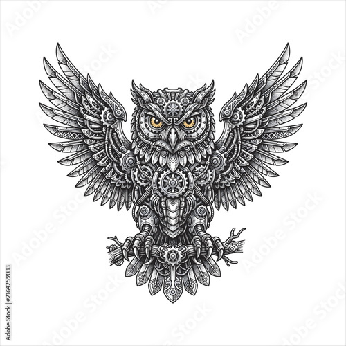 Intricate steampunk owl illustration with wings spread, mechanical gears, metal plates, pipes, and glowing amber eyes, rendered in detailed black linework with a symmetrical industrial design