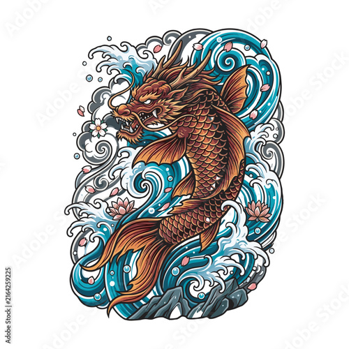 Japanese inspired tattoo illustration of a fierce dragon koi rising through swirling ocean waves, accented with lotus flowers, cherry blossoms, rocks, bold outlines, and vivid orange tones