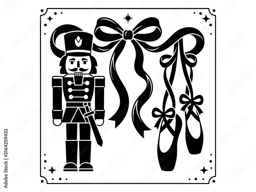 Naklejka premium Nutcracker soldier with ballet shoes and oversized ribbon