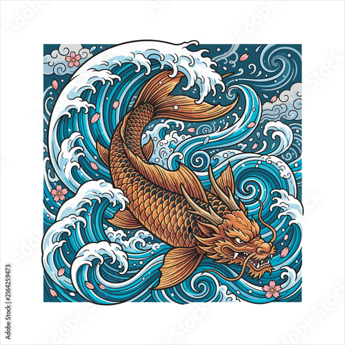 Japanese-inspired illustration of a fierce dragon koi swimming through swirling ocean waves, with orange scales, flowing fins, cherry blossoms, and bold decorative linework
