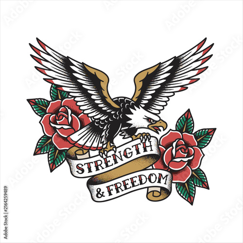 Traditional tattoo-style bald eagle with wings spread above red roses and ribbon banners reading, rendered with bold black outlines, stippled shading, and vintage colors