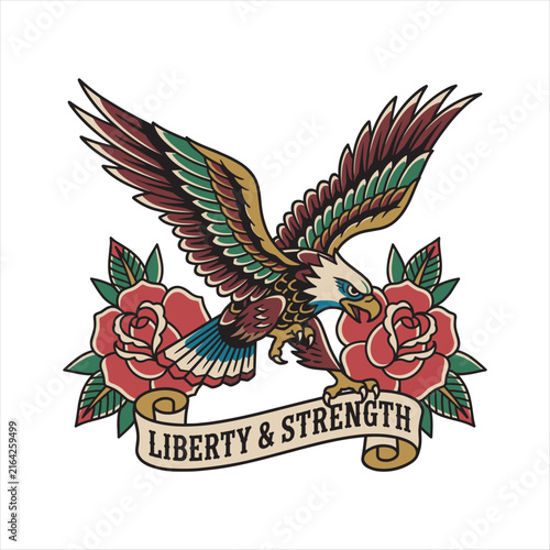Traditional tattoo-style illustration of a fierce bald eagle in flight framed by red roses and a scroll, featuring bold outlines and vintage colors