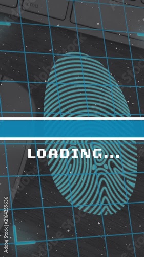 Animation of loading over fingerprint, mouse and keyboard on desk