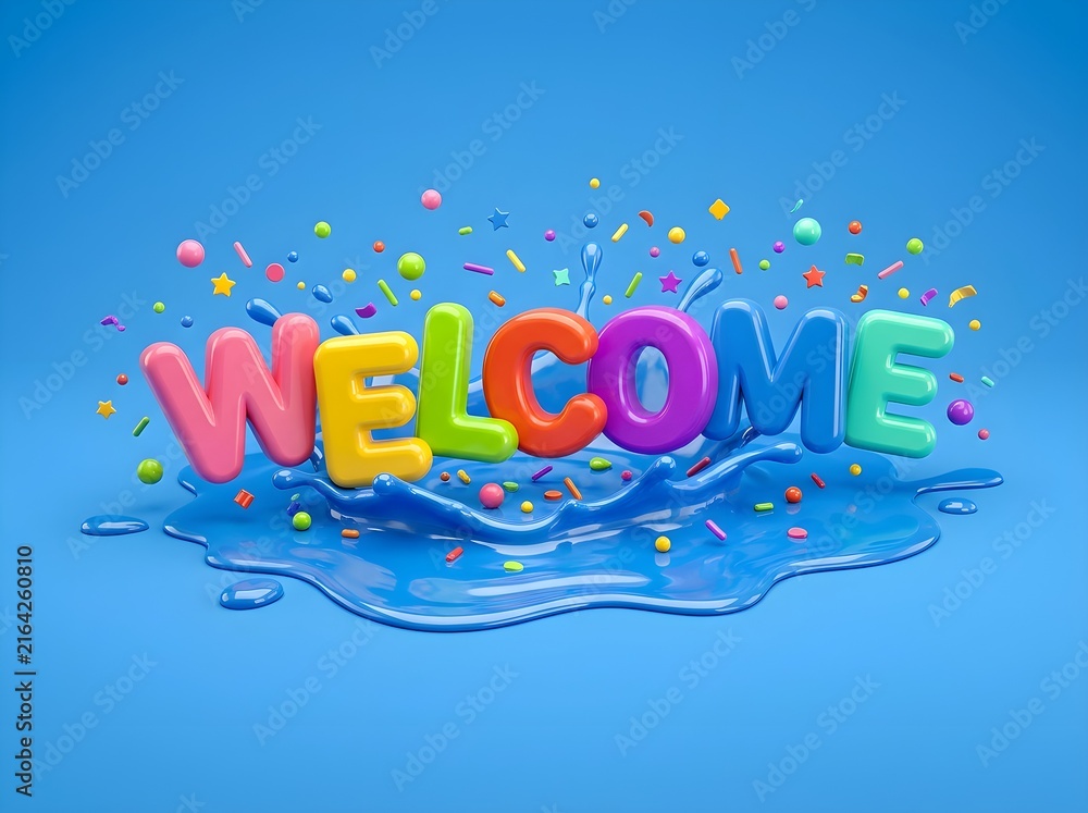 Fototapeta premium Colorful balloon letters spelling welcome with confetti splash funny animal emoji