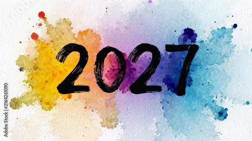 ?Dynamic color splash transition with 2027 text in vibrant paint animation