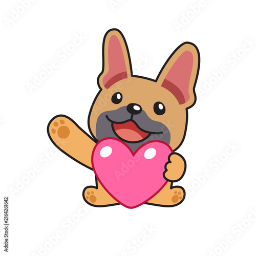 Cute French bulldog puppy holding a pink heart cartoon vector illustration