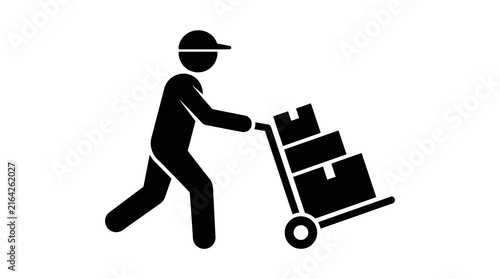 Black delivery man pushing hand truck with boxes icon
