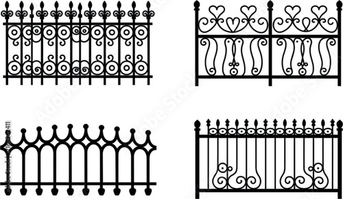 Wrought iron fence vector set, decorative vintage metal railing pattern silhouette collection