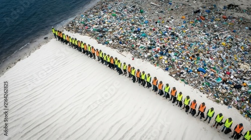 Volunteers cleaning plastic waste from a sandy beach shoreline.
