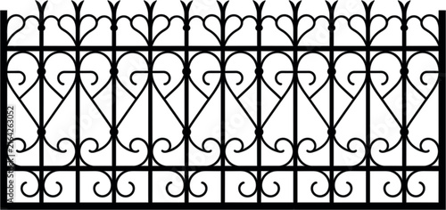 Wrought iron fence vector, decorative forged gate barrier pattern silhouette design