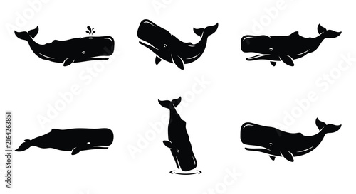 Photography Black whale silhouettes depict marine life in a vector illustration