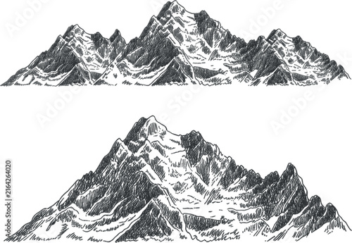 Vintage mountain range vector, hand drawn sketch peak landscape illustration set for design