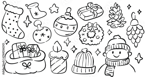 Hand Drawn Christmas Doodle Collection with Gifts, Ornaments, Stockings, Wreath and Winter Decorations