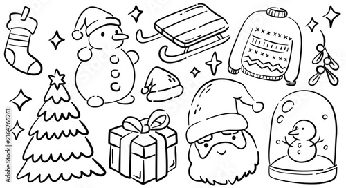Hand Drawn Christmas Doodle Set with Snowman, Christmas Tree, Gifts, Ornaments, Snow Globe and Winter Elements