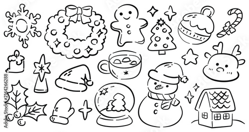 Hand Drawn Christmas Doodle Collection with Santa Claus Hat, Snowman, Christmas Tree, Gifts, Wreath and Festive Decorations