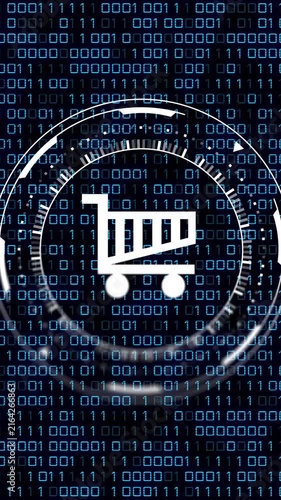 Animation of trolley sign and binary coding data processing over black background