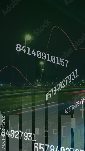 Digital animation of financial data processing against night city traffic