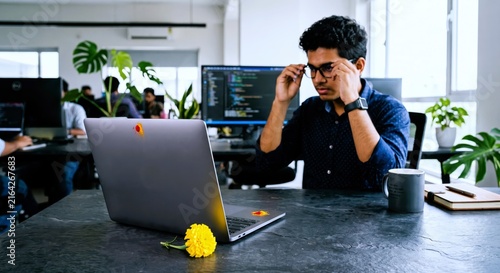 Young man glasses laptop office computer coding developer focus tech work traditionalism techno modern workspace