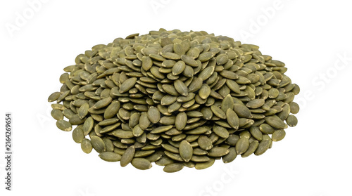 Pile of raw organic pumpkin seeds isolated on a white background
