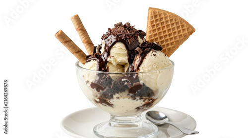 Vanilla ice cream sundae with chocolate sauce and wafer cookies in a glass bowl