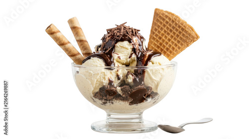 Vanilla ice cream sundae with chocolate sauce and wafer cookies in a glass bowl