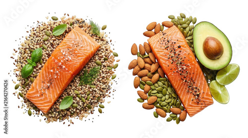 Fresh salmon fillets with quinoa, avocado, and nuts on a white background.