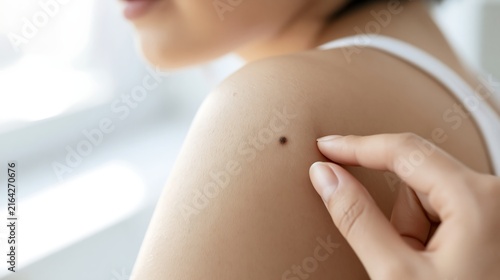 Close-up of a woman inspecting a dark mole on her shoulder, representing melanoma warning signs, skin cancer screening and early detection in medical campaigns