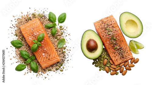 Fresh salmon fillets with avocado and herbs on white background