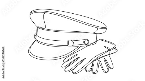 Military Cap and Gloves Silhouette on White Background